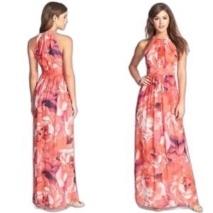Eliza J Chiffon Rose Floral High Bow Neck Maxi Dress 6 Special Occasion Wedding